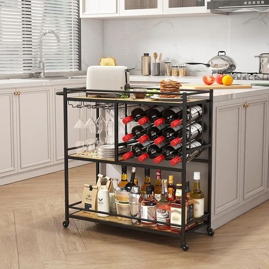 Drink Trolley, Bar Cart with Lockable Wheels, 12 Wine Rack and 3 Rows Glass Holders, Kitchen Serving Cocktail Alcohol Trolley for Dining Livingroom, 3 Tier, 80.2 x 33.2 x 86 cm, Rustic Brown