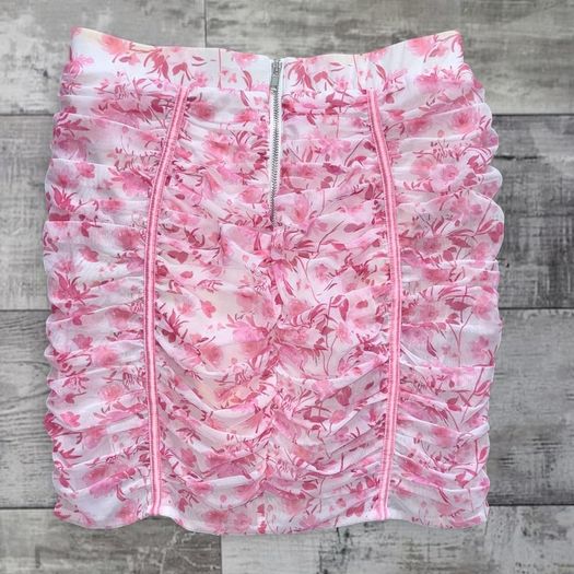 Oh Polly UK12 Pink Floral Ruched Mini Skirt Y2K Bodycon Mesh