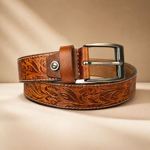 Unisex Genuine Leather Belt Vintage Embossed Design with Antique Buckle Casual & Formal Waist Belt