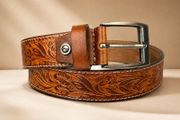Unisex Genuine Leather Tooled Belt Vintage Floral Western Leather Belt