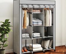 Fabric wardrobe, storage solution, 8 shelves, 2 clothes rails, gray