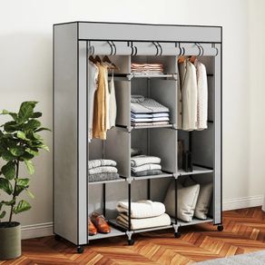 Fabric wardrobe, storage solution, 8 shelves, 2 clothes rails, gray