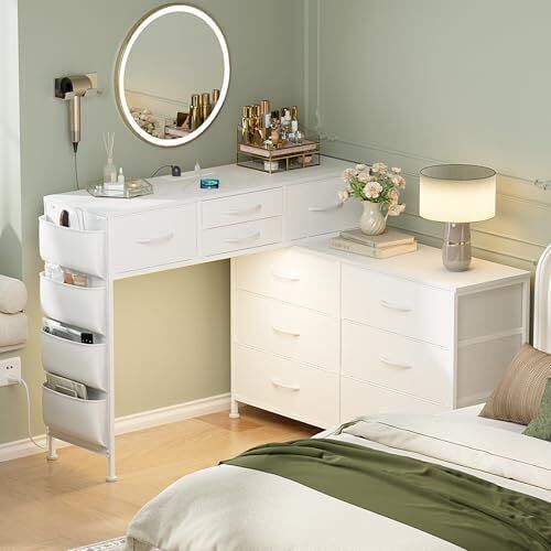 170cm Chest of Drawers with Charging Station and LED Light, Rotatable Dressing Table with 10 Fabric Drawers and Side Pockets, Modern Makeup Vanity Desk Home Office Desks, White