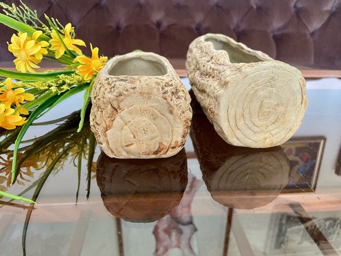 Vintage Set MCM Plant Pots x 2 Bark Pattern Stoneware Succulent Bonsai Planter 1950s