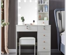 Large Dressing Table with Hollywood Mirror and LED Lighting Set, 6 Drawers, 3 Storage Cabinets, Includes Chair, for Bedroom and Vanity Room (Wooden Handles)