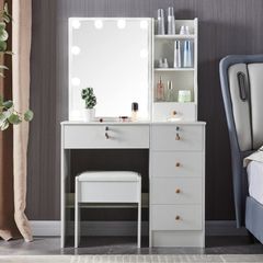 Large Dressing Table with Hollywood Mirror and LED Lighting Set, 6 Drawers, 3 Storage Cabinets, Includes Chair, for Bedroom and Vanity Room (Wooden Handles)