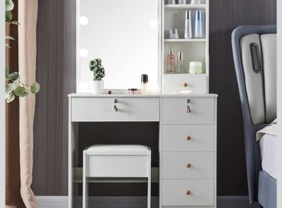Large Dressing Table with Hollywood Mirror and LED Lighting Set, 6 Drawers, 3 Storage Cabinets, Includes Chair, for Bedroom and Vanity Room (Wooden Handles)