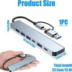 USB HUB Multi-Functional 7-in-1 USB C Hub Adapter with Dual USB-C, USB 3.0, Quad USB 2.0 Ports Multi USB Port Extension Data Hub