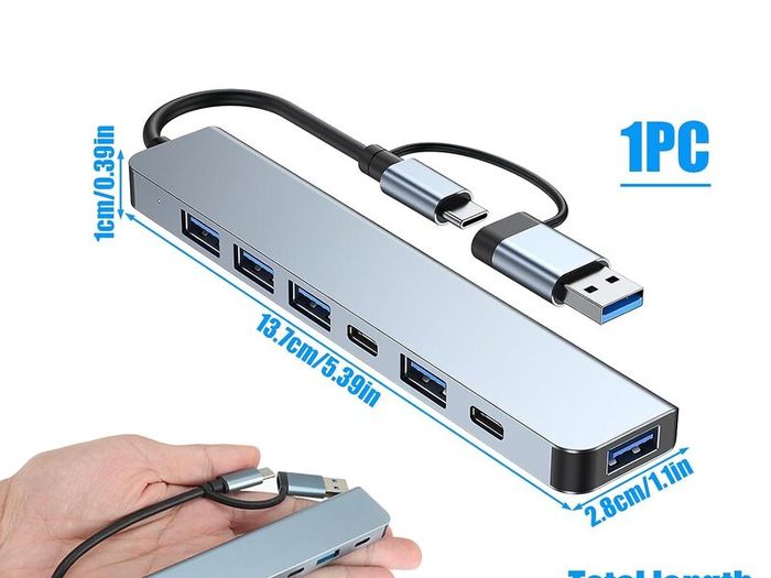 USB HUB Multi-Functional 7-in-1 USB C Hub Adapter with Dual USB-C, USB 3.0, Quad USB 2.0 Ports Multi USB Port Extension Data Hub for PS5, PS4, Notebook PC and Peripheral Devices, Enhanced Connectivity