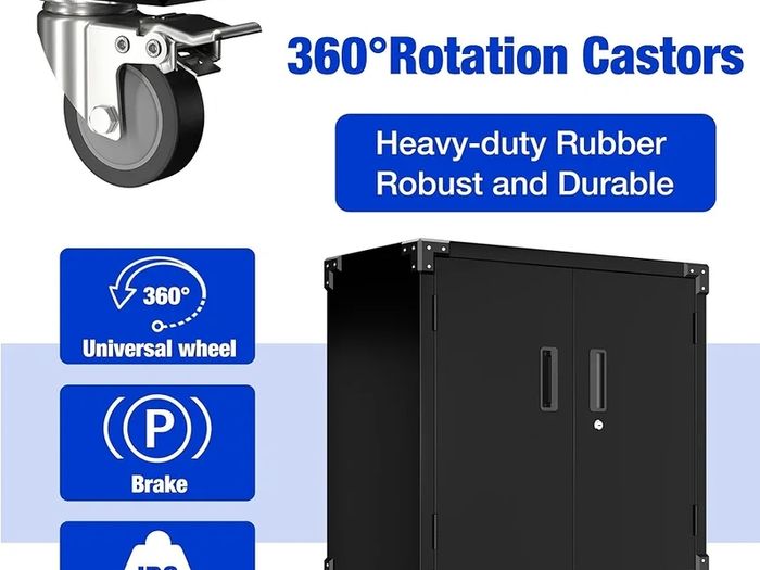 Metal Storage Cabinet with Wheels, Rolling Storage Cabinet with 2 Doors and Adjustable Shelves, Pegboard and 4 Hooks, Suitable for Garage, Home, Office, School, Black