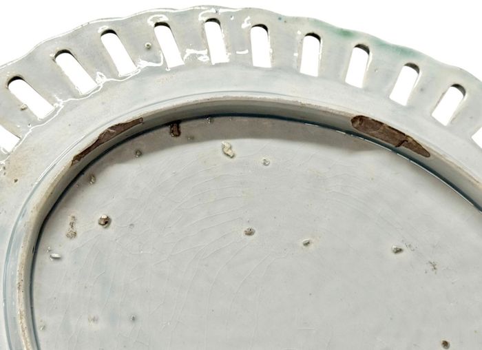 Rare Georgian English Pearlware Reticulated Basket Stand c.1800 to 1830 with Green Rope & Diamond