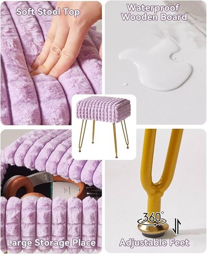 Rectangle Vanity Chair with Storage Space, Footrest Footstool Ottoman, Vanity Stool, Dressing Table Chair, with Anti-Slip Feet, for Makeup Room, Bedroom, Square Grid Pattern, Purple