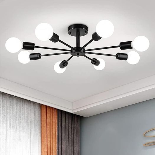 Modern 8 Lights Sputnik Chandeliers Black Semi Flush Mount Ceiling Light Fixture Mid Century Ceiling Pendant Lighting for Living Room Dining Room Bedroom Kitchen (FREE SHIPPING)