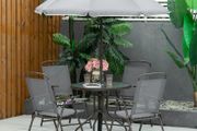 6 Piece Patio Dining Set with Umbrella, 4 Folding Dining Chairs &amp; Round Tempered Glass Table for Garden, Backyard and Poolside, Grey
