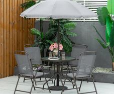 6 Piece Patio Dining Set with Umbrella, 4 Folding Dining Chairs & Round Tempered Glass Table for Garden, Backyard and Poolside, Grey