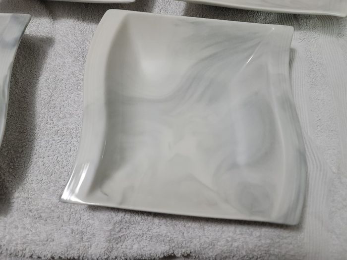 Stylish Modern Porcelain China Square 55 Piece Dinner Set, Marble Grey, Dinnerware, Dinner Party Set. Plates, Cups Mugs Bowls Egg Cups