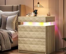 LED Bedside Table with Charging Station,3 Drawers Night Stand with Lockable Hidden Storage,Smart Nightstand with Human Sensor RGB Lights for Bedroom, Black