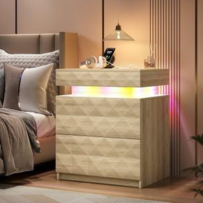 LED Bedside Table with Charging Station,3 Drawers Night Stand with Lockable Hidden Storage,Smart Nightstand with Human Sensor RGB Lights for Bedroom, Black