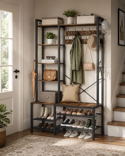 Industrial Hallway Coat Rack with Bench, Shoe Storage Shelves & Hooks