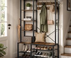 Industrial Hallway Coat Rack with Bench, Shoe Storage Shelves & Hooks