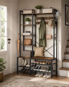Industrial Hallway Coat Rack with Bench, Shoe Storage Shelves & Hooks