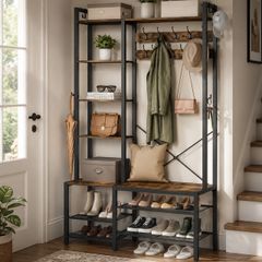 Industrial Hallway Coat Rack with Bench, Shoe Storage Shelves & Hooks