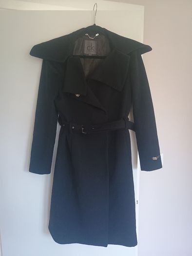 Calvin Klein Black Wool-Blend Belted Midi Coat - Size 42 (Excellent Condition)