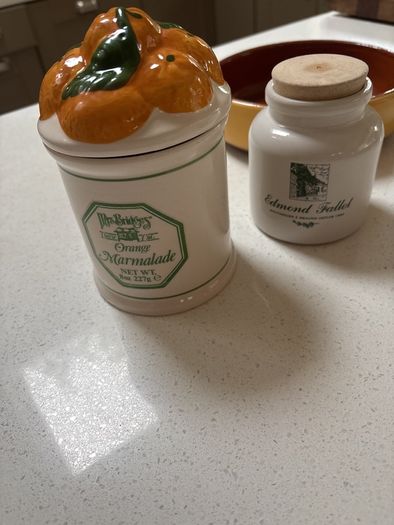 2 Vintage Glazed Jars - Mrs Bridges Orange Marmalade and Edmond Fallot Moutardier A. Beaune Depuis 1840 Mustard Pot Collectors Jar