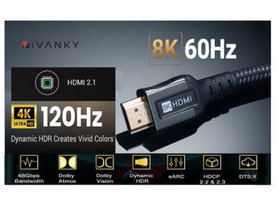 iVanky 2M HDMI 2.1 UHD/3D 8K (7680x4320@60Hz) 48Gbps Zinc Alloy Luxury (Limited Edition) Model Nylon Braided/Gold-Plated Cable (Brand New/Warranty)