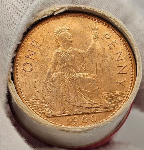 Great Britain 1966 Beautiful Uncirculated Lustrous Penny Roll Tube of 50 Coins