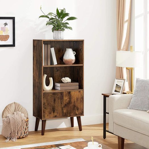 Retro Bookcase with 2 Shelves and Cabinet Doors Living Room Cabinet Retro Furniture for Living Room, Foyer, Office, Storage for Books Photos Decoration Wood Effect