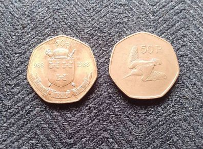 2 x 1988 Ireland 50p Coins, Both Types
