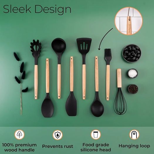 Kitchen Non Stick Cooking Utensils Set Heat Resistant Silicone Utensils with Wooden Handle Ladles, Spoons and Spatulas Set  Kitchen Tools & Accessories 35pcs, Black