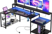 181CM L-Shaped Gaming Desk with RGB LED Lights, Power Outlets, USB Ports, Carbon Fibre Surface, Monitor Stand, Storage Shelf, Cup Holder &amp; Headset Hook