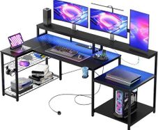 181CM L-Shaped Gaming Desk with RGB LED Lights, Power Outlets, USB Ports, Carbon Fibre Surface, Monitor Stand, Storage Shelf, Cup Holder & Headset Hook