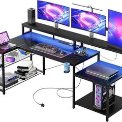 181CM L-Shaped Gaming Desk with RGB LED Lights, Power Outlets, USB Ports, Carbon Fibre Surface, Monitor Stand, Storage Shelf, Cup Holder & Headset Hook