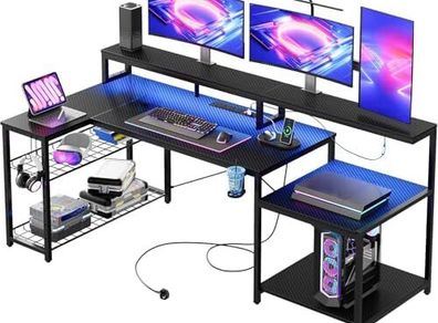 181CM L-Shaped Gaming Desk with RGB LED Lights, Power Outlets, USB Ports, Carbon Fibre Surface, Monitor Stand, Storage Shelf, Cup Holder & Headset Hook