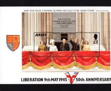 1995 Jersey 50th Anniversary of 50th Anniversary of Liberation Commemorative Stamps Booklet Pane showing balcony from Buckingham palace showing King George, Queen, Winston Churchill, Mint Never Hinged (MNH)