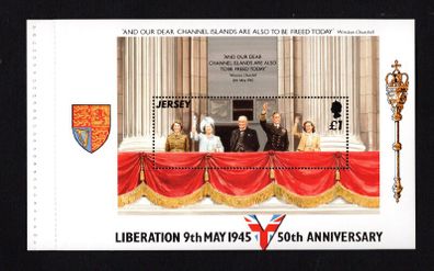 1995 Jersey 50th Anniversary of 50th Anniversary of Liberation Commemorative Stamps Booklet Pane showing balcony from Buckingham palace showing King George, Queen, Winston Churchill, Mint Never Hinged (MNH)