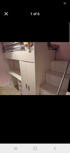 White high sleeper bed with desk, wardrobe and storage steps