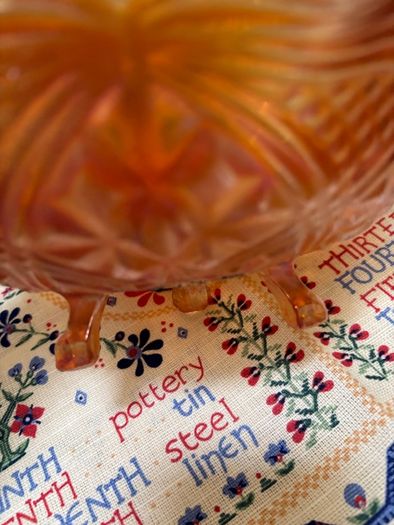 A bundle of vintage - retro pieces, Carnival Glass , Anchor Hocking Fire King, Large Ribbed Glass Butter Dish, Citrus Juicer, Three Footed Glass Sugar Bowl and Jug
