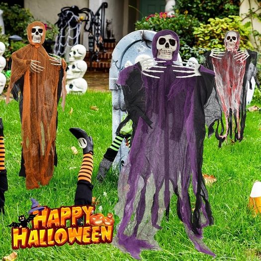 Halloween Decorations Outdoor, 3 Packs Halloween Skull Decorations, Hanging Skeleton Halloween Decorations Insertable Flying Ghost Halloween Indoor Decorations for Haunted House Garden