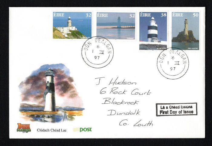 1997 Ireland Lighthouse (The Baily, Tabert, Hook Head & The Fastnet) Stamp An Post First Day Cover (FDC) with Dun Dealgan / Dundalk Steele Cancel.