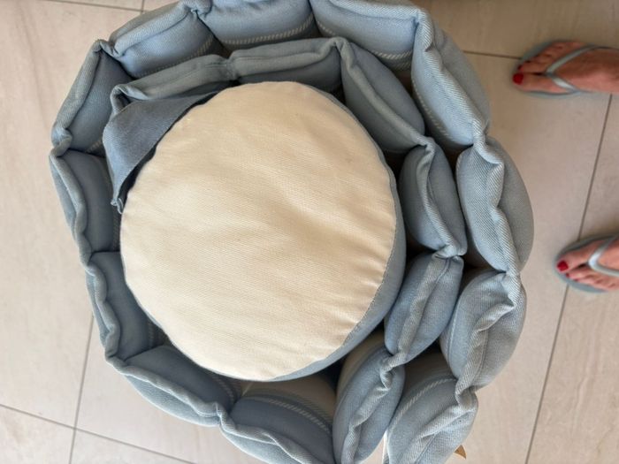 Designer Paul Costello luxury sun lounge cushion in a cornflower blue and pale ivory (off white) stripe BRAND NEW IN PERFECT CONDITION