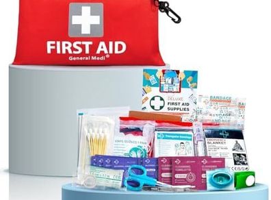 General Medi Mini First Aid Kit, 92 Pieces Small First Aid Kit - Includes Emergency Foil Blanket, Scissors for Travel, Home, Office, Vehicle, Camping, Workplace & Outdoor (Red)