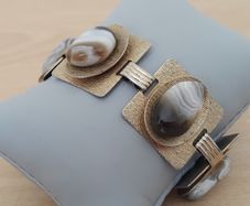 Quality polished stone mid-century modernist 7" link gilt bracelet Costume FREEPOST