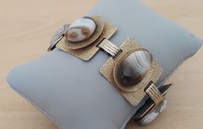 Quality polished stone mid-century modernist 7" link gilt bracelet Costume FREEPOST