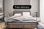 King Size Bed Frame with Wood Headboard,Heavy Duty Metal Platform Bed Frame King Size with Storage No Box Spring Needed,Mattress Base/Strong Steel Slats Support/Noise-Free