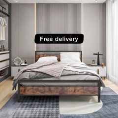 King Size Bed Frame with Wood Headboard,Heavy Duty Metal Platform Bed Frame King Size with Storage No Box Spring Needed,Mattress Base/Strong Steel Slats Support/Noise-Free