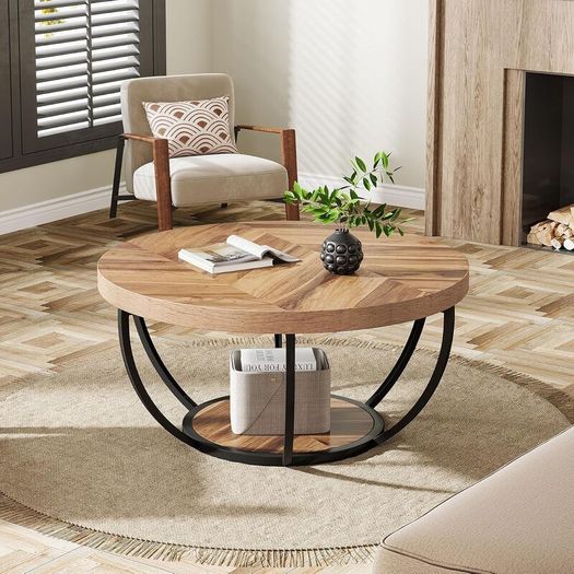 Round Coffee Table, Industrial 2-Tier Circle Coffee Table with Storage Shelves